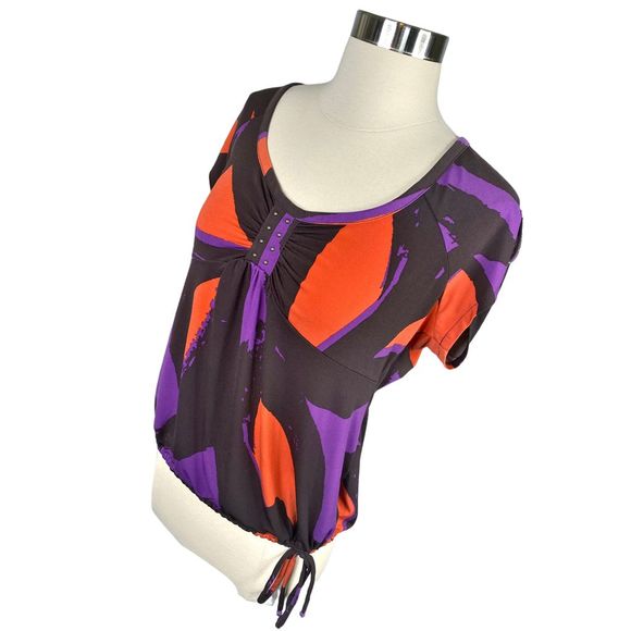 Worthington Stretch Purple & Orange Side Tie Blouse - Size Medium - Picture 2 of 6
